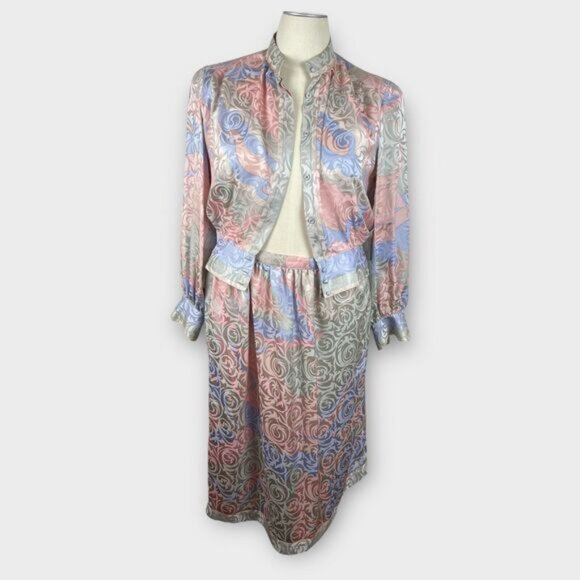 Anne Crimmins for Umi Collections 80s Silk Blouse Skirt Set Pastels Satin Sz 14 - Picture 4 of 12